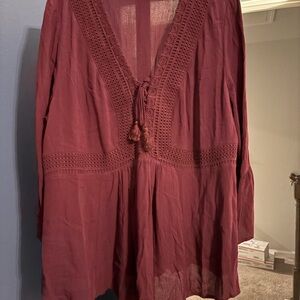 Torrid Red Long Sleeve Tie Front Blouse